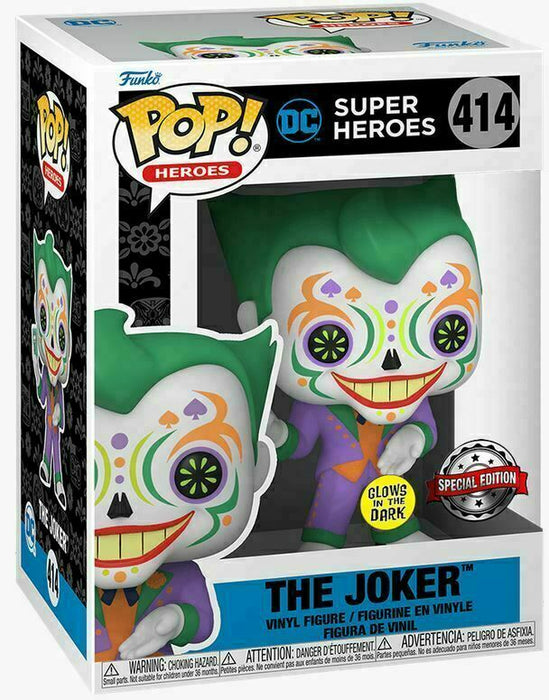 A glow-in-the-dark Funko Pop! figure of The Joker, numbered #414, from the Batman Heroes series.