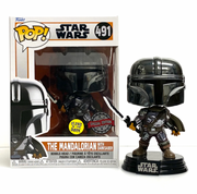 A glow-in-the-dark Funko Pop! figure of The Mandalorian holding the Darksaber.