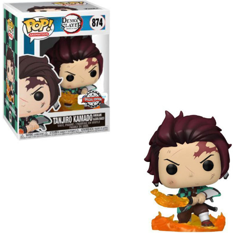 A Funko Pop! figure of Tanjiro Kamado from Demon Slayer, in his Hinokami Kagura Dance form, with "Special Edition" noted.