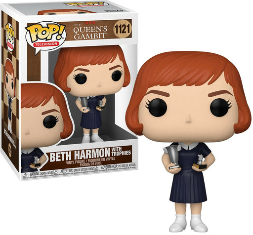 A Funko Pop! figure of Beth Harmon holding trophies from The Queen's Gambit television series.